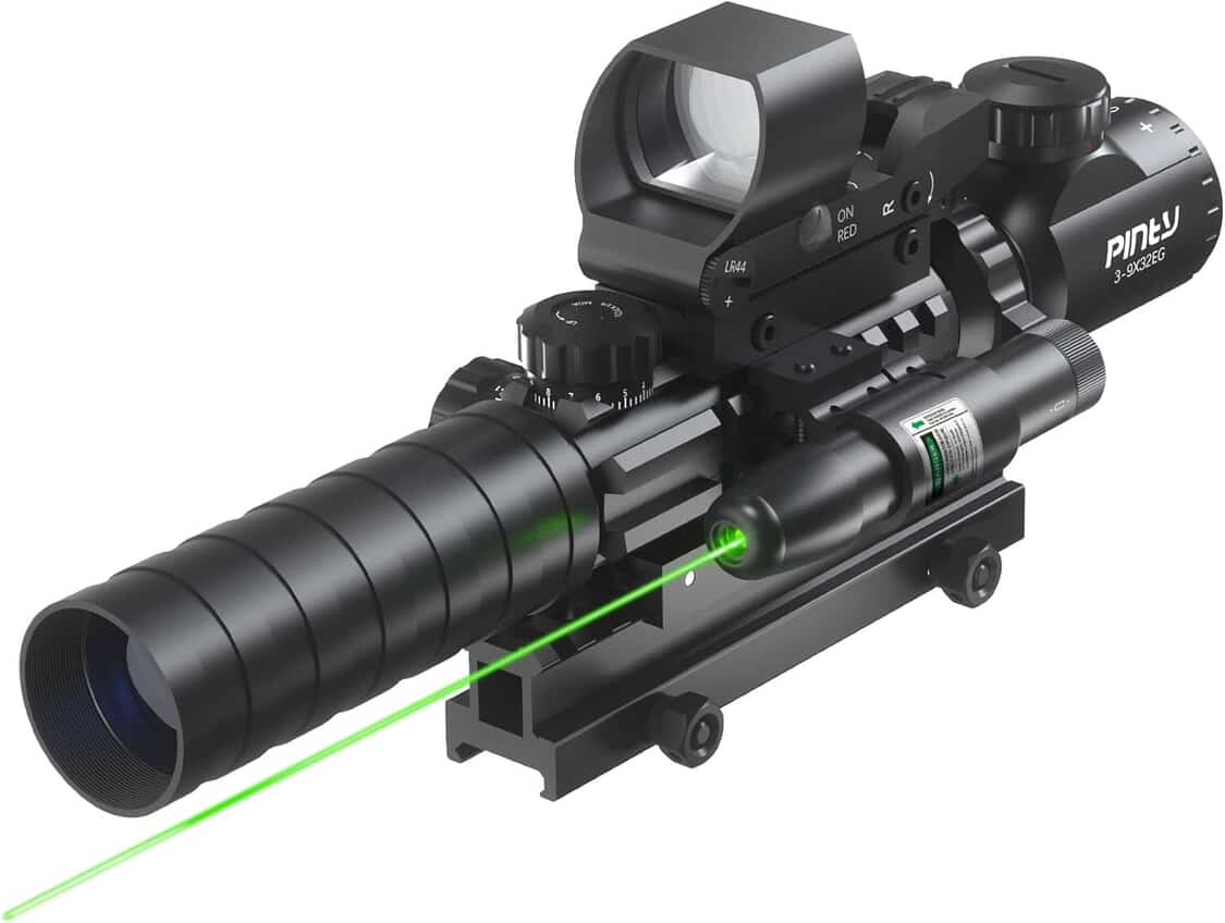 Red Dot, Green Laser — Close up, the integrated dot and green laser sight keep things simple; the IIIA 532nm laser point is clearly visible to 100m; the 22mm red dot has 4 patterns with 5 levels of green or red brightness; and all batteries come included for out-of-the-box use